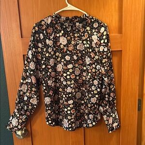 Ann Taylor Black Ruffled Mandarin Collar Blouse